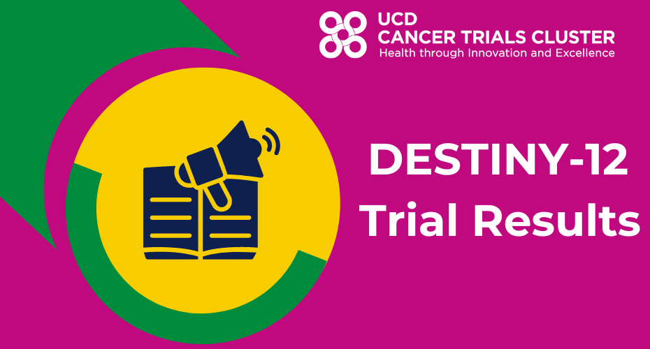 A graphic of a megaphone next to text reading 'destiny-12 trial results'